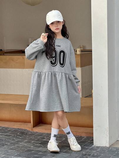 DAZY 青少年女孩休闲日常通勤数字和字母印花宽松罩衫连衣裙，春秋季