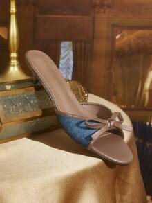 CUCCOO TILAWA Women's Elegant Bowknot Round Toe Kitten Heel Sandals, Sweet Romantic Blue & Brown PU Mixed, Suitable For Afternoon Tea, Date, Vacation