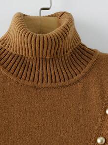 GlowEve Women's Solid Color Turtleneck Long Sleeve Button Design Casual Sweater, Autumn/Winter - Camel - View 4