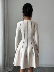 SHEIN Elenzya 秋冬韩版优雅拼色圆领长袖收腰短款泡泡袖连衣裙 - 杏色 - 查看 4