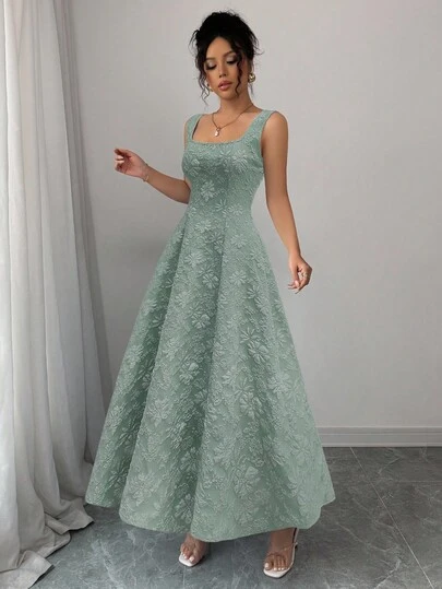 Elenzga 新款女式宽肩带纹理花卉编织面料修身中长连衣裙，优雅精致，年轻百搭，修身显瘦