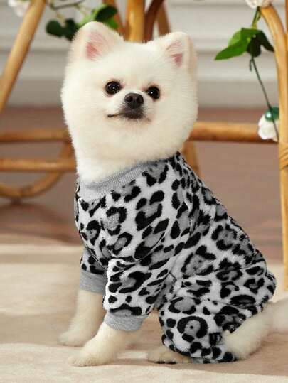 PETSIN 1 Pet Gray Leopard Print Wool Flannel Jumpsuit