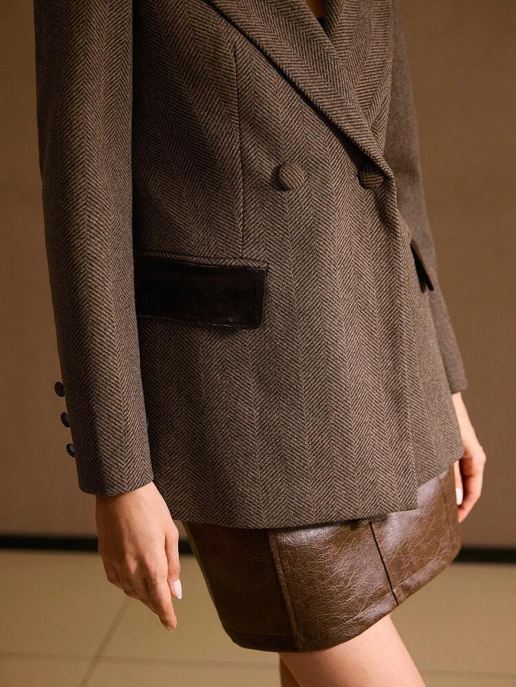 BROWN HERRINGBONE VELVET PATCHWORK ELEGANT BLAZER