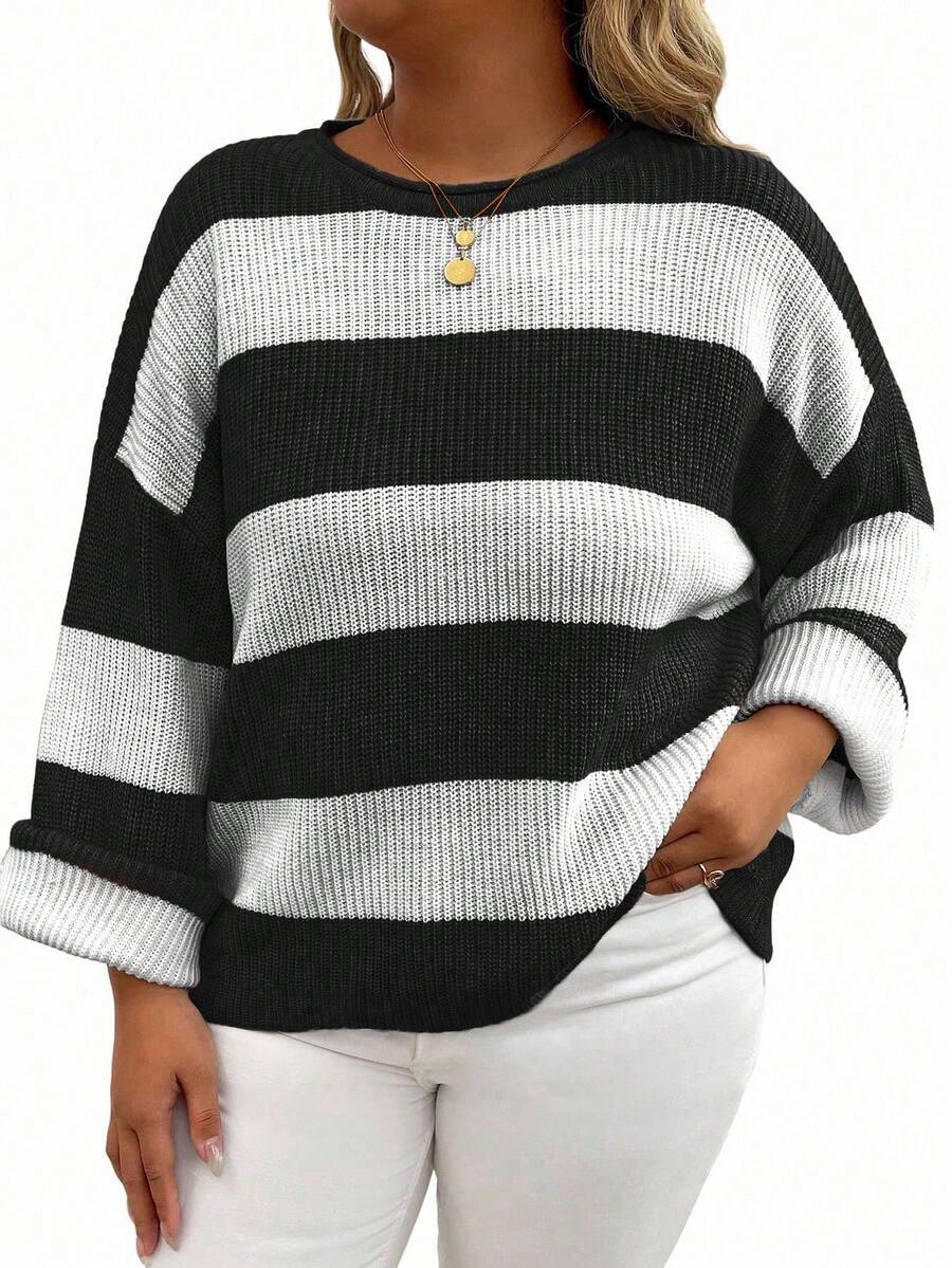 SHEIN EMERY ROSE CURVE Áo len chui đầu tay dài cổ tròn trễ vai kẻ sọc cỡ lớn cho nữ, mùa thu/đông - màu đen - Xem 1