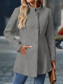 SHEIN PETITE Women's Casual Thick Overcoat, Stand Collar Mid-Length, Long Sleeve, Autumn/Winter - Light Grey - View 5