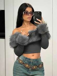 SHEIN ICON Áo thun dài tay trễ vai, cắt cúp thời trang màu trơn dành cho nữ - Màu xám đen - Xem 4