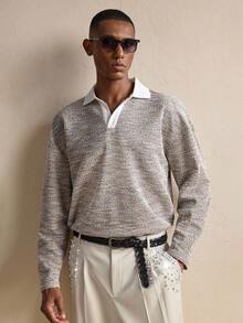 AKNOTIC Loose Fit Men's Contrast Color Drop Shoulder Long Sleeve Casual Polo Shirt, For Fall