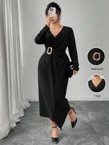 Modelyn Plus Size Women Metal Buckle Ruched Waist Long Sleeve Cross V-Neck Elegant Bodycon Dress, Suitable For Commute And Party Fall - Black - View 1