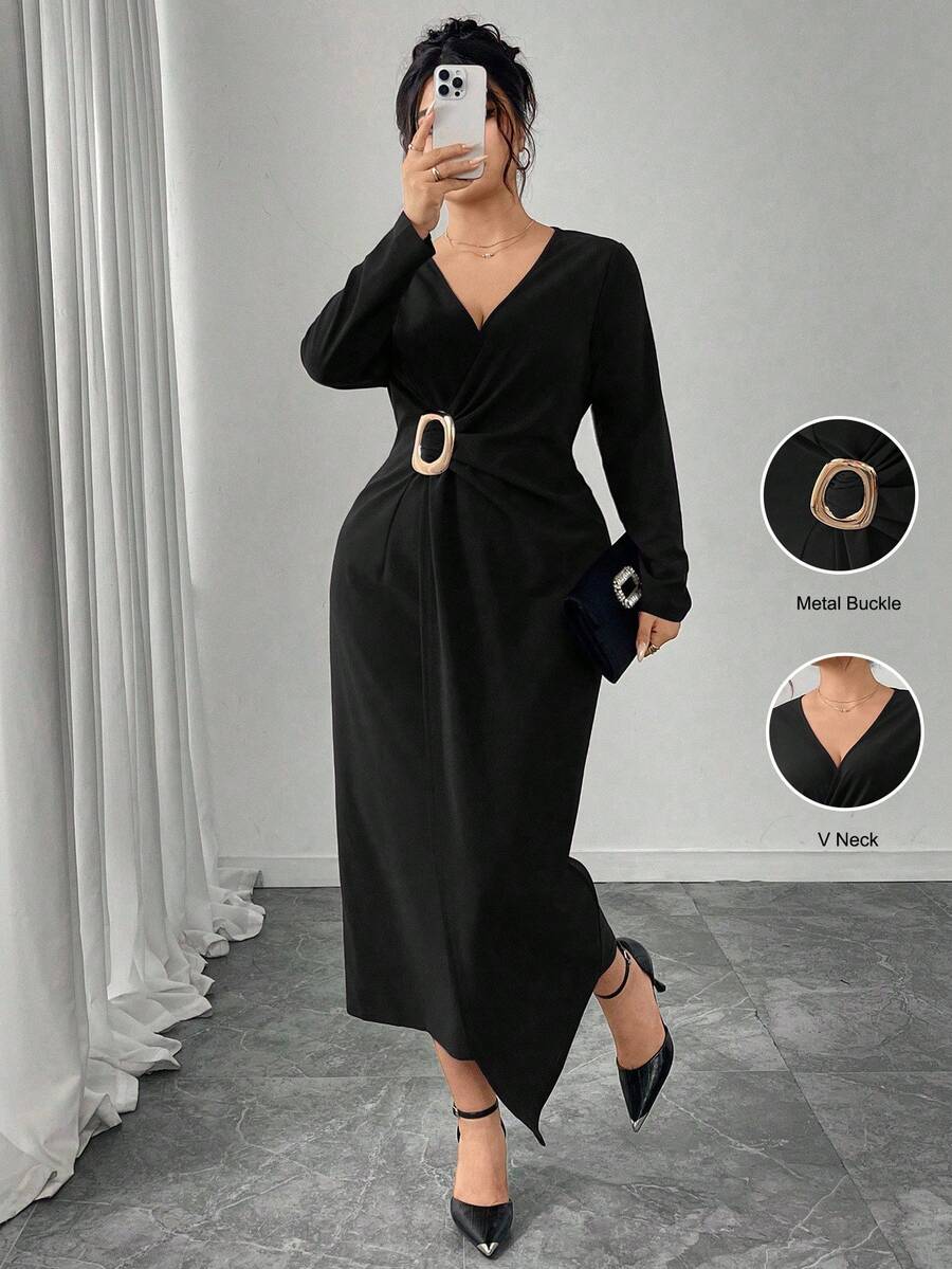 Modelyn Plus Size Women Metal Buckle Ruched Waist Long Sleeve Cross V-Neck Elegant Bodycon Dress, Suitable For Commute And Party Fall - Black - View 1