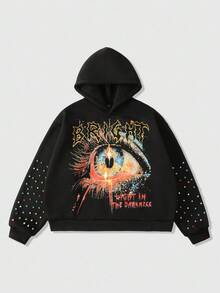 ROMWE MEN Street Life Men's Autumn Long Sleeve Rhinestone Letter & Eye Print Hoodie Sweatshirt - Black - View 1