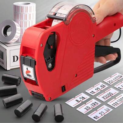 SHEIN Bộ máy dán nhãn giá 8 chữ số MX-5500 gồm 5000 nhãn dán và 1 hộp mực, bộ dụng cụ dán nhãn giá số cho văn phòng, cửa hàng bán lẻ, siêu thị, tổ chức (màu đỏ), nhãn dán dùng cho sổ lưu niệm, nhãn dán vui nhộn, nhãn dán máy tính xách tay, nhãn dán điện thoại Kindle.