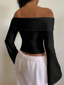 SHEIN EZwear Women's Casual Off Shoulder Long Sleeve Flare Sleeve Bodycon Top, Suitable For Autumn/Winter,Black Tops - Black - View 2