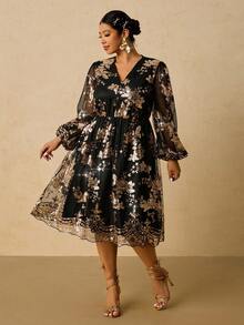 SHEIN VCAY Plus Size Sequin V-Neck Romantic Party Dress, Autumn/Winter Party Dress,Christmas - Black - View 5