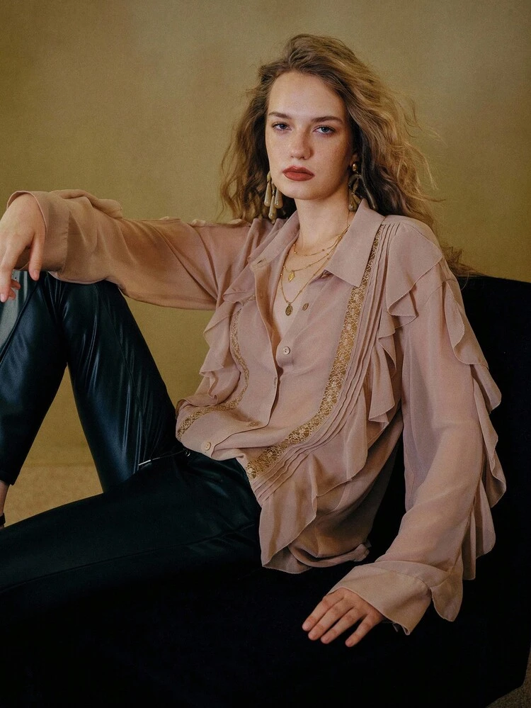 MOTF STUDIO LOOSE FASHIONABLE LACE PATCHWORK RUFFLE HEM SHEER BLOUSE