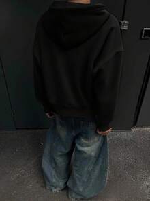 Manfinity Hypemode Men's Casual Short Hooded Cardigan Plain Hoodie Oversized Zip Up Hoodie Cropped Zip Up Men Boxy Double Zipper Hoodie - Black - View 2