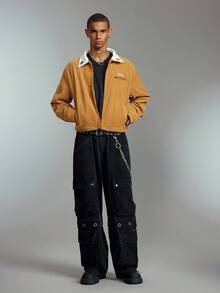 ROMWE MEN Prep Herren modische lässige Reißverschluss-Cord-Jacke mit Totenkopf-Motiv, für den Herbst - Braun - Übersicht 6