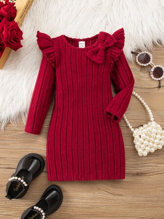 Elegant & Cute Babygirl Red Bow Knitted Long Sleeve Dress