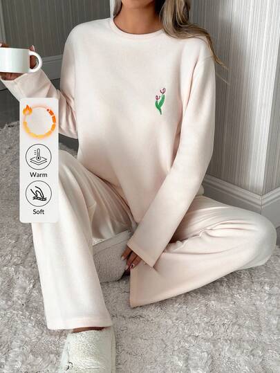 EURMUSE Fleece Fabric With Colourful Floral Embroidery Detal Long Sleeve Sleep Top&Pants Homewear Lounge Pajama Set