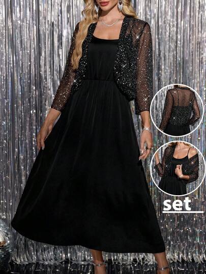 SHEIN Clasi Women's Elegant Shiny Thin Jacket & Satin Slip Dress Set, Waist Cinching Slimming Design, Autumn Black Glitter Dress Black Sparkle Dress Black Dress With Glitter Shrug Black Formal Dress Black Evening Dress Clothes For New Year Women's Halloween Costume