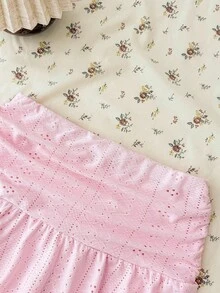 Teen Girls Pink Knit Casual Versatile Hollow Textured Ruched A-Line Mini Skirt, Suitable For Summer Summer Skirt Kid Teen Skirts Set Pink Skirt Set Girls - Pink - View 3