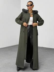 Khaki Long Hooded Parka With Faux Fur Trim - Khaki - View 4