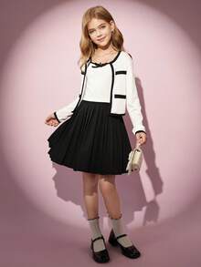 SHEIN 3 件套女童优雅罗纹针织开衫、可爱吊带背心和百搭百褶迷你裙套装，休闲、外出和聚会，春秋季 - 白色 - 查看 8