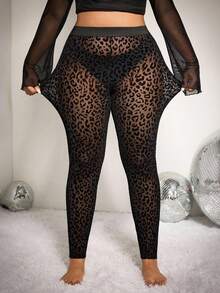 GalTyme Plus Size Women Sexy Black Leopard Print Mesh See-Through Tights Autumn/Winter, Fall Tights For Women, Elegant Black Commute Appointment Date Keep Warm Tights, Party, Going Out, Wedding Guest, Chic Christmas Tights