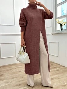 EURMUSE Women Solid Color High Neck Long Sweater With High Split - Dusty Pink - View 6