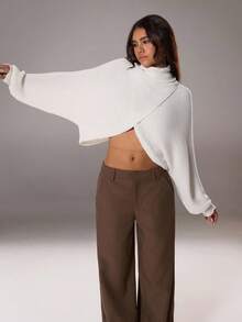 SHEIN Unity 女士休闲纯色高领蝙蝠袖短款毛衣，秋冬针织套头衫 - 白色 - 查看 4