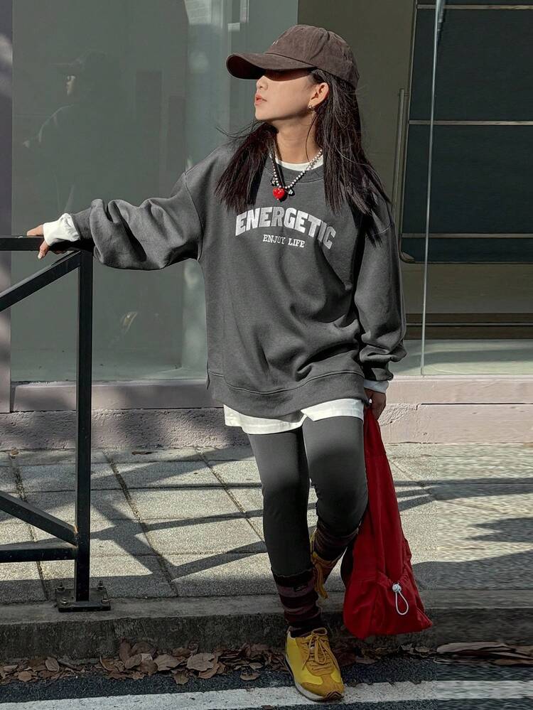 2pcs Tween Girls Crew Neck Fleece Printed Sweatshirt And Leggings Set, Fall