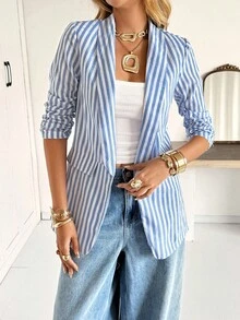 SHEIN Frenchy 女士休闲时尚百搭老款条纹亚麻披肩领褶皱七分袖西装外套商务女装教师服条纹西装外套教师西装外套秋装