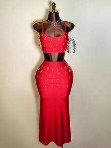 BamGleam 女士性感水晶亮片吊带背心和紧身裙两件套 - 紅色 - 查看 4