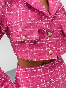 SHEIN Cottnline Bộ vest nữ vải tuýt hồng cài nút kèm chân váy dài xẻ tà - Hồng - Xem 7