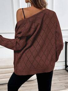 EMERY ROSE Casual Comfortable Hollow Diamond Pattern Cardigan For Women - Rust Brown - View 2