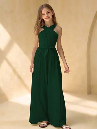 Tween Girl Round Neck Sleeveless Waist Splicing Pleated Elegant Party Jumpsuit