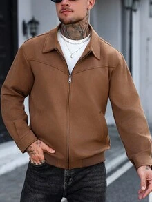 Manfinity Homme 男士拉链麂皮夹克，摩托车夹克，纯色，长袖，外出，休闲，男友礼物 男士休闲夹克 男士拉链夹克 男士棕色麂皮夹克 棕色夹克 男士飞行员夹克 抓绒 - 棕色 - 查看 6