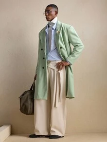 Business Casual AKNOTIC 男士纯色双排扣大衣，圣诞派对宴会商务休闲秋冬长袖大衣，单排扣，男友礼物，节日保暖 - 綠色 - 查看 2