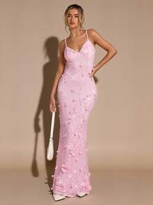 SHEIN BAE Elegant Long Lace Beaded Sequin Slip Dress, Formal Lace Sequin Dress, Pink Dress, Sexy Corset Lace Dress, Suitable For Formal Occasions, Cocktail Party, Club, Wedding Guest Attire, Birthday Party Dress, Bridesmaid Dress,Wedding Guest Dress Women - Pink - View 7