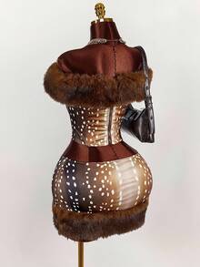 Y2K Amplova Spotted Fawn Pattern Brown Tops Gradient Women's Off Shoulder Fitted Top With Fluffy Collar & Skirt, Fashionable Color Block Gradient 2 Pieces Set - White - View 7