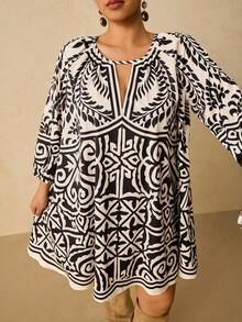 Travachic 大码女式黑米色印花连衣裙，七分袖印花连衣裙，秋季连衣裙，大码束腰上衣，大码度假装，大码波西米亚风连衣裙，刺绣连衣裙，大码舒适秋冬女装，优雅 - 黑色 - 查看 6