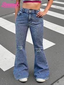 SHEIN Explorewe TWEEN GIRLS 复古水洗色牛仔裤，街头风格，做旧下摆喇叭裤，百搭时尚新设计 - 中等水洗藍 - 查看 1