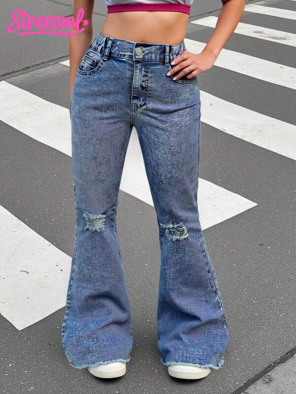 SHEIN Explorewe TWEEN GIRLS Vintage Washed Color Denim Jeans, Street Style, Distressed Hem Flare Leg, Versatile & Fashionable New Design Y2k Jeans Ripped Flared Jeans Cutout Jeans Fall Winter