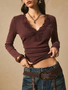 Vintage Boho Nomadic V-Neck Lace Patchwork Ruched Waist Distressed Purple Women Top Old Money Autumn - Purple - View 7