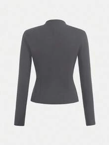 SHEIN Teen Girl Y2K Zip-Up Solid Dark Gray Thumb Hole Ribbed Slim Fit Stand Collar Jacket Long Sleeve Jacket Gray Jacket Full Zip Jacket Grey Jacket Ribbed Jacket