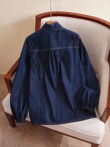 EMERY ROSE 女式蝴蝶结装饰深蓝色牛仔衬衫