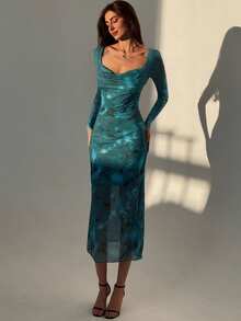 Aloruh Elegant Summer Mesh Printed Beach Vacation Dress - Multicolor - View 1