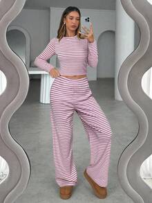 Aloruh Women's Casual Homewear Pajama Set, Includes Striped Crew Neck Long Sleeve Tee And Relaxed Straight Leg Striped Pants, Suitable For Daily Wear, Sports, Autumn/Winter,Cozy Fall And Winter Clothes For Women - Pink - View 6