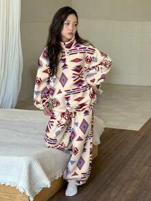 DAZY Tween Girls Geometric Pattern Collar Zip-Up Loungewear Set, Fall