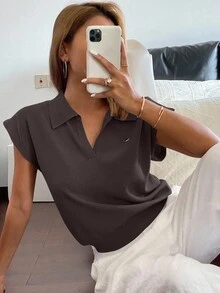Livesso Blusa de punto con cuello polo ajustada de color liso, informal para usar en la oficina durante la primavera/verano - Café integral - Ver 5