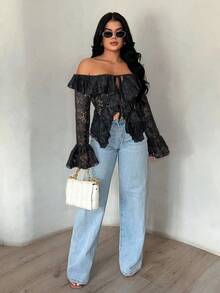 SHEIN SXY Áo ren trắng mỏng tay dài hở vai nhún bèo giản dị dành cho nữ, thích hợp cho kỳ nghỉ hè - màu đen - Xem 4